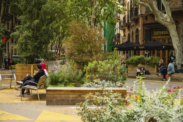 Superblock or Superilla in the Sant Antoni neighbourhood, a heavily car-restricted area of the city in Barcelona, Spain