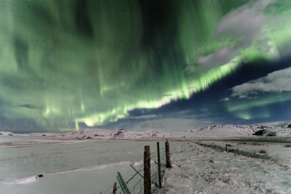 Northern Lights, Close to Vik, Ring Road, Mountains, Frost, Winter, Cold, Snow, Night, Iceland* Northern Lights, Close to Vik, Ring Road, Mountain Range, Cold, Snow, Night, Iceland