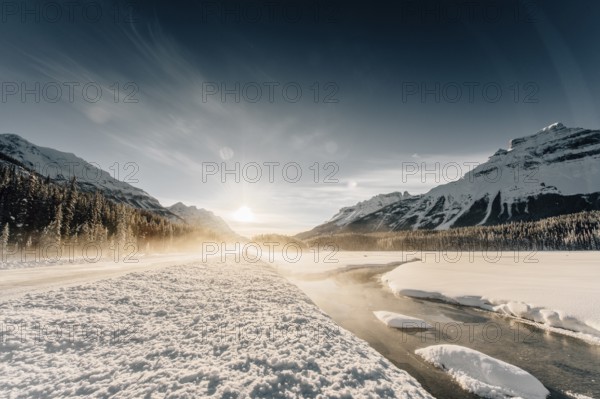Winter road trip on the Icefields Parkway with lots of snow and ice, Banff National Park, Jasper National Park, Alberta, Canada