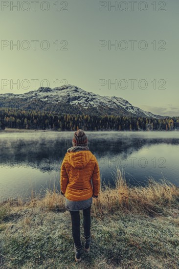 Autumn atmosphere on a cold morning in the Engadin in the Swiss Alps