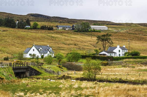 Farms over Loch Harport, Drynoch, Isle of Skye, Scotland, UK