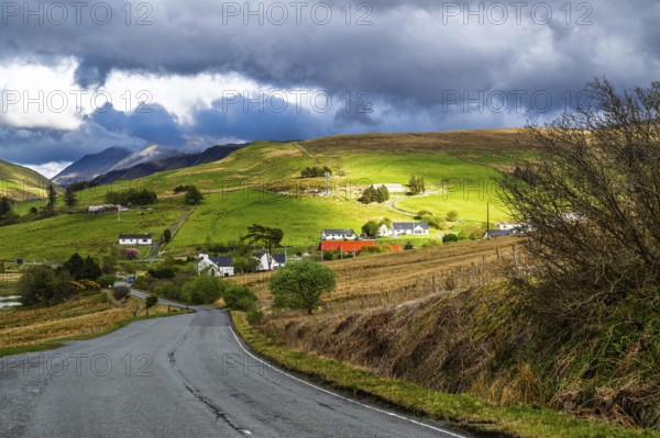 Farms over Loch Harport, Drynoch, Isle of Skye, Scotland, UK