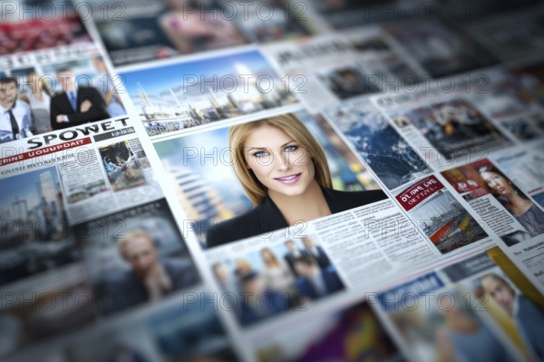 Collage of corporate mainstream media and international news coverage, AI generated