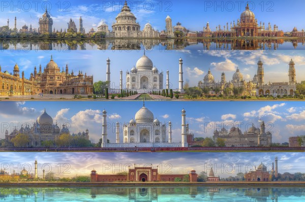 Collage of churches, mosques and hindu temples. Concept of travel and sightseeing, AI generated