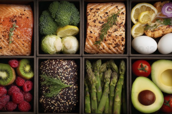 Collage of boxes with healthy food for various diets that improve digestive and heart health, AI generated