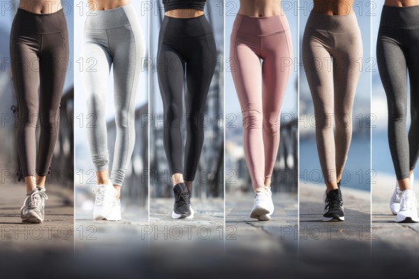 Collage of beautiful women legs in sport pants. Concept of active sporting lifestyle physical activities and health benefits of exercise, AI generated