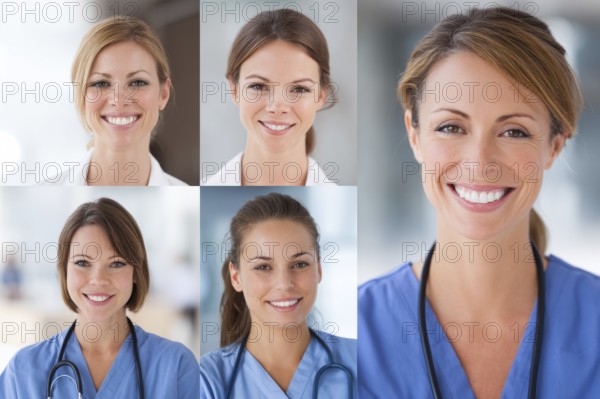 Collage of hospital nurses and medical professionals smiling. Concept of hospitality and excellent service, AI generated