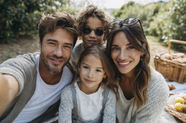 Cheerful happy family taking selfie on picnic on a family vacation day, AI generated