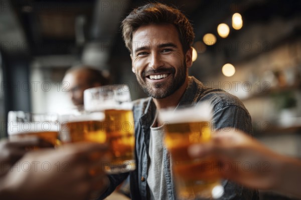 Cheerful man and his friends toast with beer while gathering in bar for the celebration event, AI generated