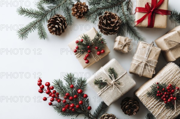 Christmas and New Year holiday background. Xmas greeting card and gifts on white background top view flat lay, AI generated