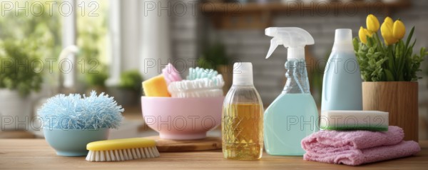 Cleaning set with products and tools on kitchen table, AI generated