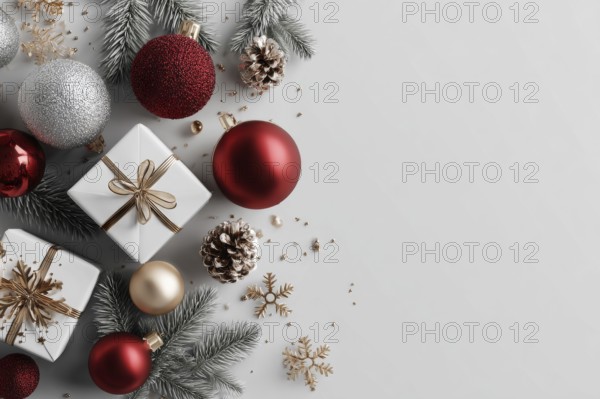 Christmas decoration and gifts on white background, AI generated