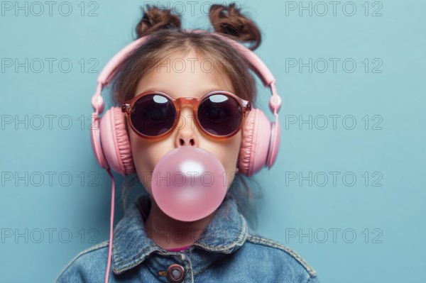 Child in a big headphones and bubble gum, AI generated