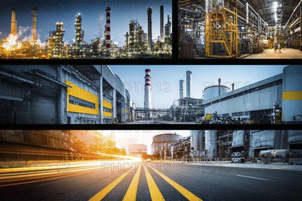 Collage of industrial factories and warehouses. Illustration of global international trade and commerce, AI generated