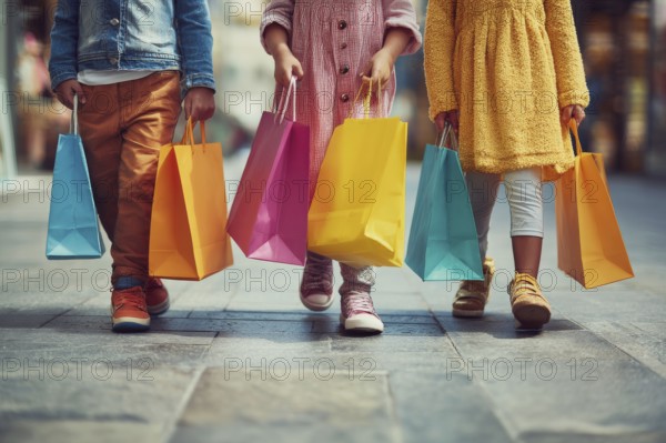 Children with colourful shopping bggs, AI generated