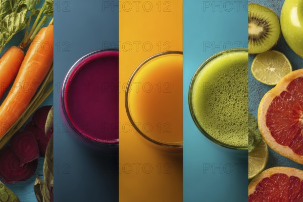 Collage healthy organic juices that improve digestion health and heart health, AI generated