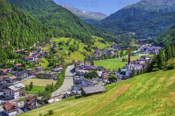 View of the village and the valley, Sölden, Ötztal, Ötztal Alps, Tyrol, Austria