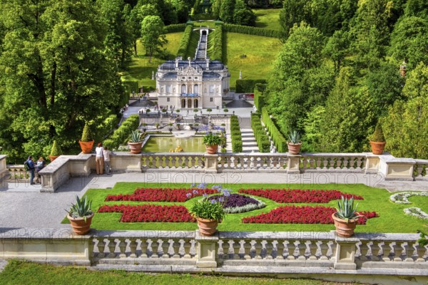Baroque gardens at the Temple of Venus with a view of the water parterre and Linderhof Palace, Ettal, Ammertal, Upper Bavaria, Bavaria, Germany, UNESCO World Heritage Site