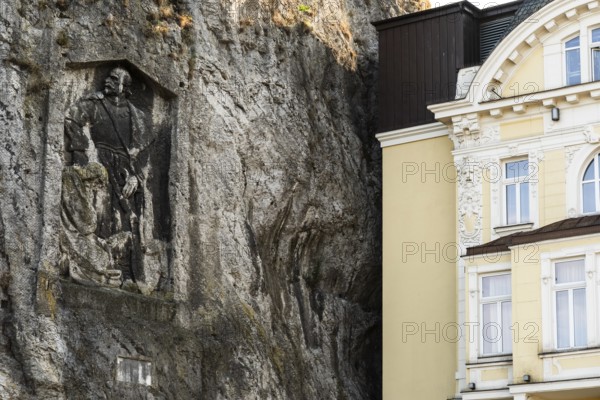 Hotel Elizabeth with relief by Jan Jiskra on the castle hill in Trencin, Capital of Culture 2026, Trencín, Slovakia
