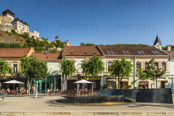 The Peace Square in the old town centre of Trencín, Trencín Castle in the background, Capital of Culture 2026, Trencín, Slovakia