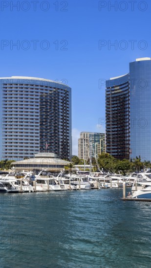USA, California, San Diego Bay marina and Seaport Village in downtown near Gaslamp Quarter