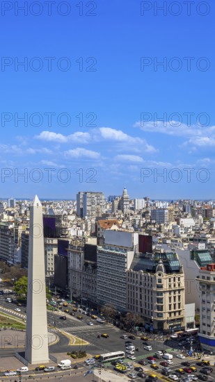 Panoramic cityscape and skyline view of Buenos Aires near landmark obelisk on 9 de Julio Avenue