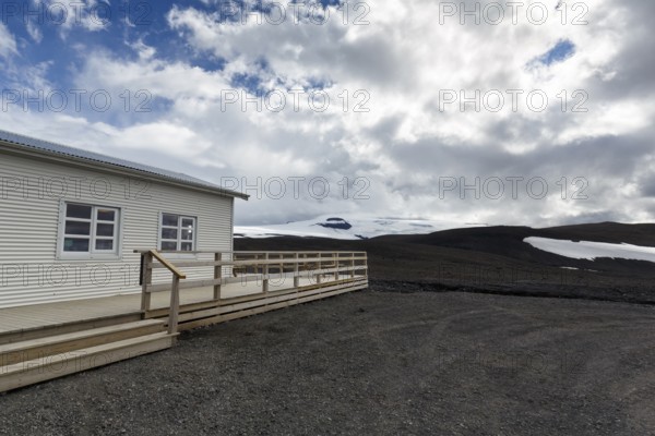 Wooden house, base camp Klaki, starting point for glacier tour, glacier Langjökull, Husafell, Iceland