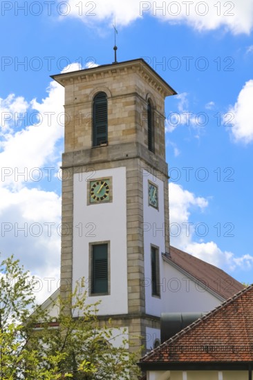 Protestant church, church, sacred building, church square, church tower, clock, Gomaringen, district of Tübingen, Baden-Württemberg, Germany