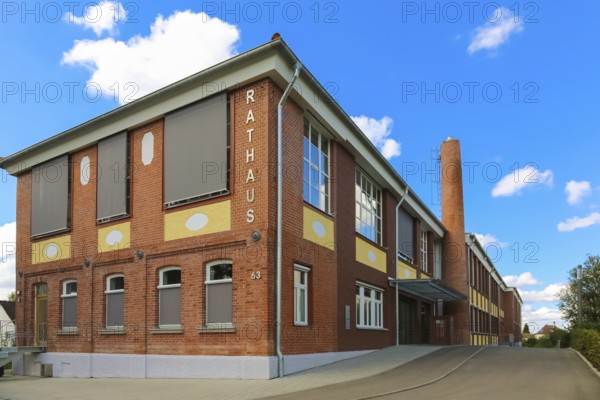 New town hall in the former Kindler corset factory, former Gotthold Kindler and Cie. corset factory, factory building, former textile industry, brick, building, lettering, fireplace, chimney, Gomaringen, district of Tübingen, Baden-Württemberg, Germany