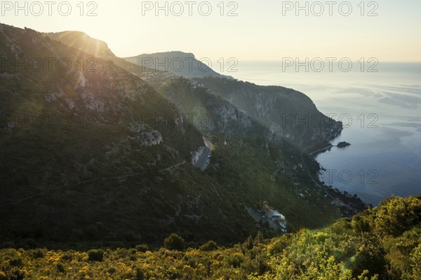 Coastal landscape, sunrise, Roquebrune, Roquebrune-Cap-Martin, near Monaco, Cote d'Azur, Alpes-Maritimes, Provence-Alpes-Cote-d'Azur, South of France, France