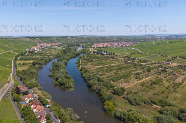 Mainschleife in summer, charburner near Volkach, behind Escherndorf, Nordheim and Vogelsburg, aerial view, Lower Franconia, Franconia, Bavaria, Germany