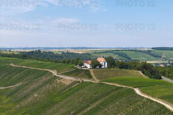 Vogelsburg near Volkach with monastery church of the Protection of the Virgin Mary, aerial view, Mainfranken, Mainschleife, Franconia, Lower Franconia, Bavaria, Germany