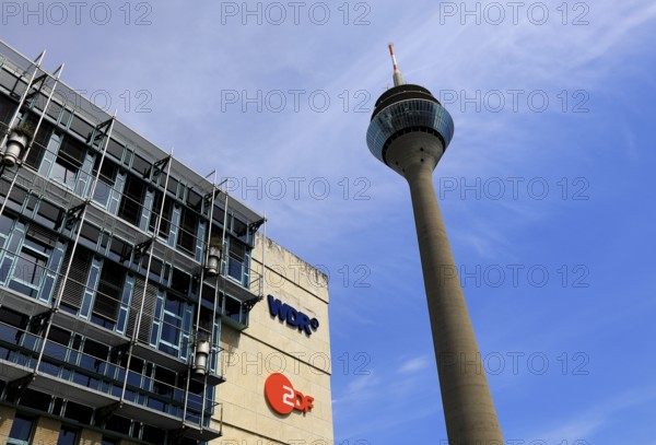 The WDR broadcasting centre in Düsseldorf, in the background the Rhine Tower, Radio Tower, Düsseldorf, North Rhine-Westphalia, Germany