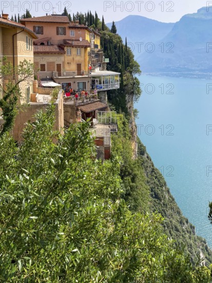 View of Terrazza del Brivido from Hotel Paradiso on high cliffs on the western shore of Lake Garda Lago di Garda, Tremosine sul Garda, Lombardy, Italy