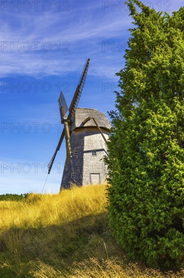 Historic windmill in an epic summer landscape near the burial ground of Stenhusbacken and the village of Sunnersberg near Lidköping, Västergötland, Västra Götalands län, Sweden