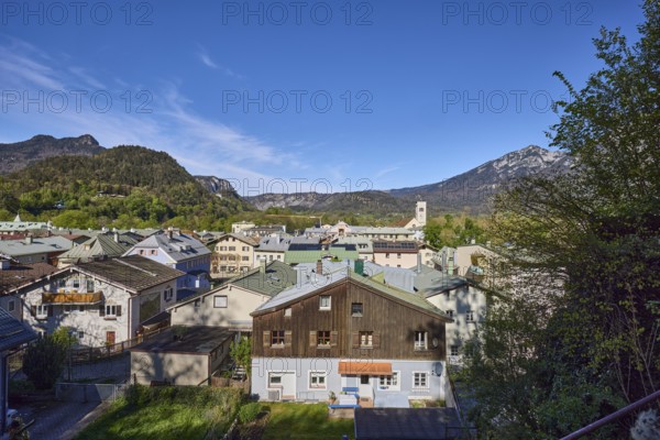 Long shot, historic old town, bird's eye view, historic buildings, church, St. Nicholas, trees, mountain landscape, mountains, forest, blue sky, cirrostratus clouds, Bad Reichenhall, Berchtesgadener Land district, Bavaria, Germany