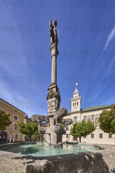 Wittelsbacherbrunnen, fountain, sculptor Karl Killer, historic town hall, trees, blue sky, cirrostratus clouds, town hall square, Bad Reichenhall, district Berchtesgadener Land, Bavaria, Germany