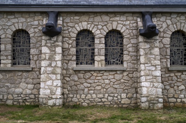 Side view, decorations, fish heads as gargoyles, church Chapelle Notre Dame de la Garde, Étretat, Normandy, Seine-Maritime, France