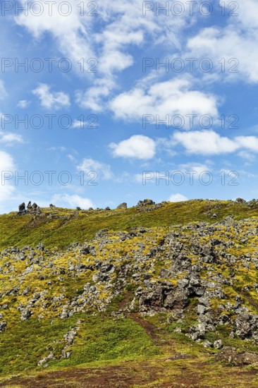 Volcanic rock, overgrown with moss, sparse vegetation, volcanic landscape, cumulus, text free space, Snæfellsnes Peninsula, Snaefellsnes, West Iceland, Iceland