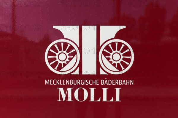 Mecklenburgische Bäderbahn Molli, logo on carriage, Baltic resort Kühlungsborn, Baltic Sea, Mecklenburg-Western Pomerania, Germany