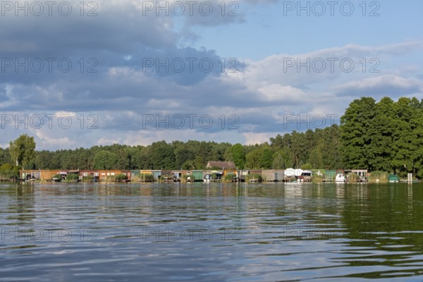 Boathouses, holiday homes, Leppinsee, Rechlin, Mecklenburg Lake District, Mecklenburg-Western Pomerania, Germany