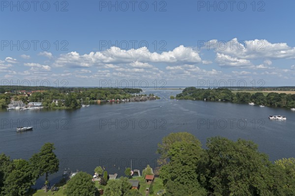View from the tower of St Mary's Church, Müritz, lake, boats, boathouses, holiday homes, Röbel, Müritz, Mecklenburg Lake District, Mecklenburg-Western Pomerania, Germany
