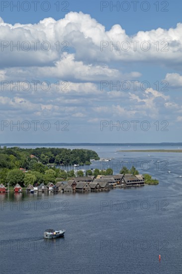 View from the tower of St Mary's Church, Müritz, lake, boats, boathouses, holiday homes, Röbel, Müritz, Mecklenburg Lake District, Mecklenburg-Western Pomerania, Germany