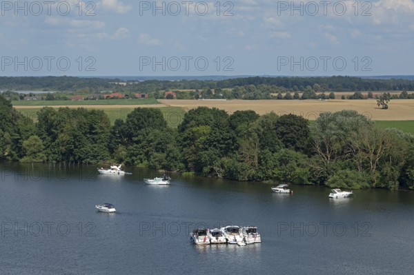 View from the tower of St Mary's Church, motor yachts, Müritz, lake, trees, Röbel, Mecklenburg Lake District, Mecklenburg-Western Pomerania, Germany