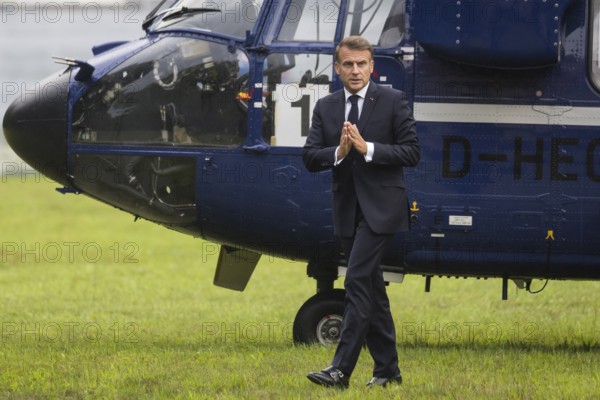 Emmanuel Macron (President of the French Republic) leaves a federal police helicopter in front of a joint meeting with Friedrich Merz (CDU, Federal Chancellor) in front of the Villa Borsig in Berlin on 23 July 2025