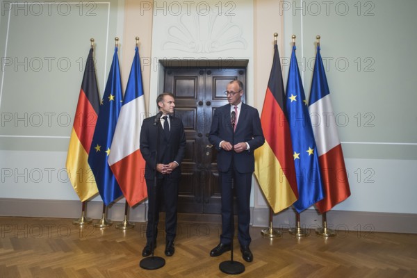 Friedrich Merz (CDU, Federal Chancellor) and Emmanuel Macron (President of the French Republic) at a joint press statement at the Villa Borsig in Berlin on 23 July 2025