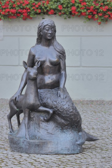 Landmark Slusia, mermaid, fairy, deer figure, female figure, town history, legend, town hall, Schleusingen, Thuringia, Germany