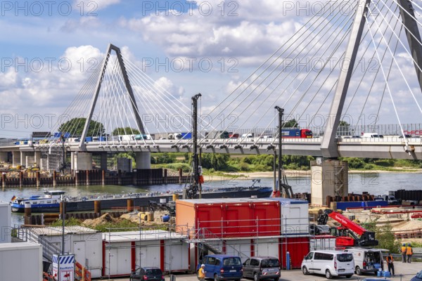 New construction of the second motorway bridge of the A1 over the Rhine near Leverkusen, after completion of the first bridge, the old one was demolished, the second part of the bridge, for a total of 8-lane expansion, new construction is currently underway at the same location, Leverkusen, North Rhine-Westphalia, Germany