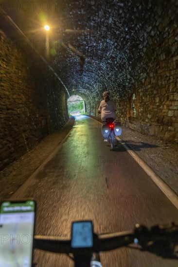 Sauerlandring cycle path, an 84 km long circular cycle path between the towns of Finnentrop, Eslohe, Schmallenberg and Lennestadt, mostly on former railway lines, Kückelheim Tunnel, 689 metres long, bat tunnel, winter quarters for bats, near Finnentrop, Sauerland, North Rhine-Westphalia, Germany