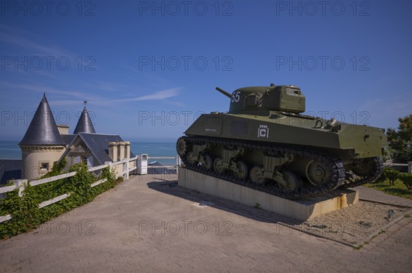 US-American Sherman tank Berry au Bac, emblem of the French liberation army, standing on the former casemate of a German resistance nest, D-Day, Operation Overlord, Arromanches-les-Bains, Normandy, Calvados, France